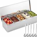 5 Compartments Stainless Steel Chilled Condiment Tray, Garnish Tray with 5 Removable Compartments, Condiment Dispenser with Lid, Fruit Serving Containers