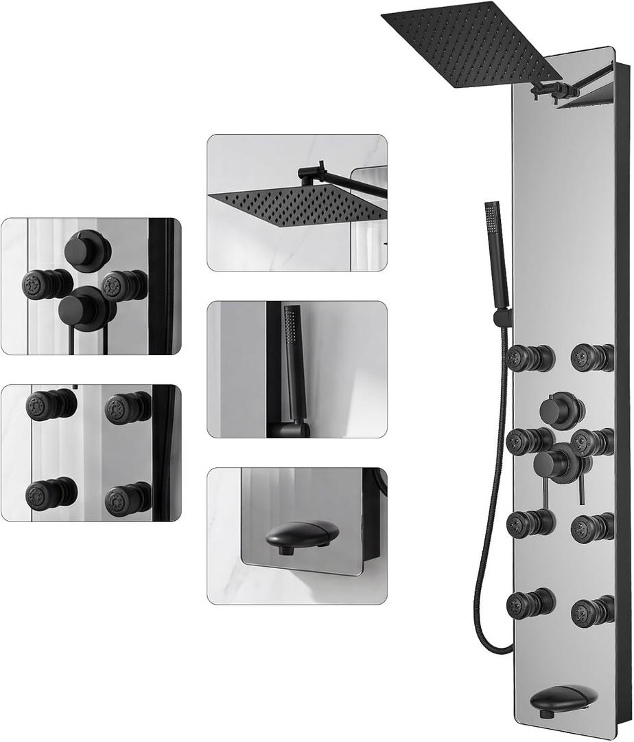 Shower Panel Adjustable Rainfall Head, Shower Head Sprayers
Black, Stainless Steel and Glass, Multifunction Shower Panels Tower System, Handheld Shower 2-Setting Body Jets, Tub Spout