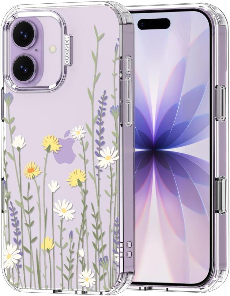 MOSNOVO for iPhone 17 Case | Military Grade 6.6ft Drop Tested | Camera Control | Clear with Wild Meadow Design