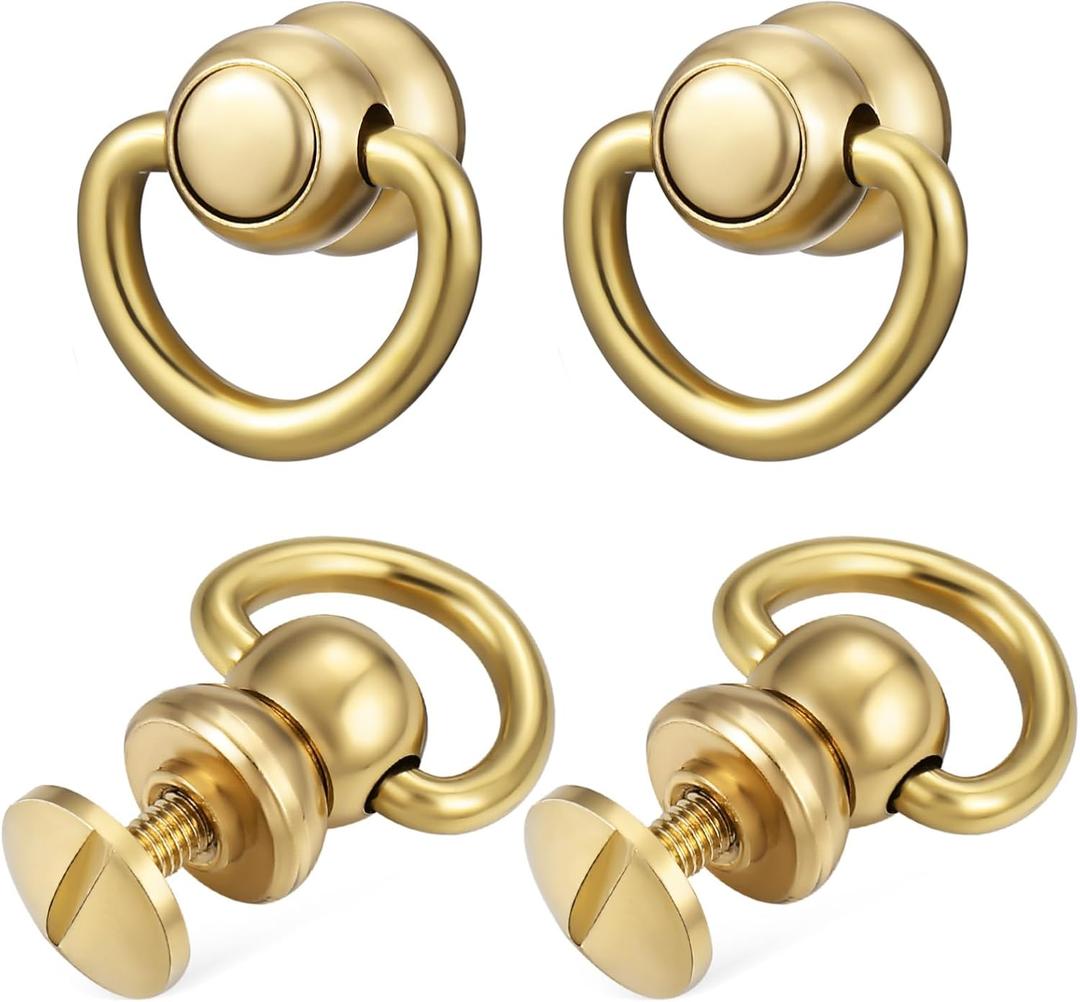 VILLCASE 4pcs D Rings Rivets for Purse Making, Brass Rivet Studs, 360 Degree Rotatable D Fasteners for Purse, Bag Hardware, DIY Leathercraft