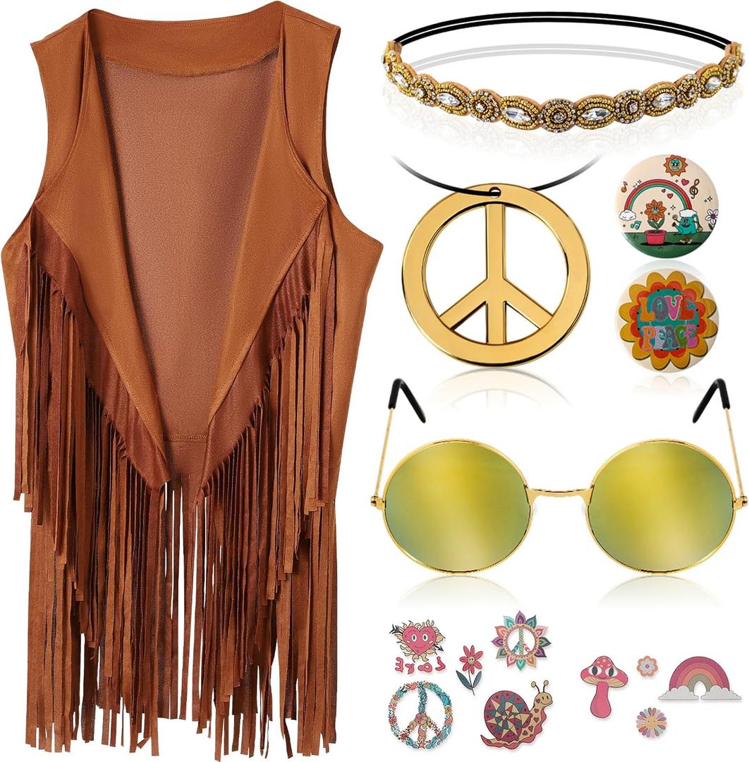 60s 70s Outfits for Women Hippie Costume Clothes Set 70s Costume Tops Women Fringe Hippie Vest for Halloween, XL 