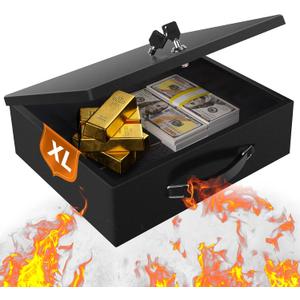 Fireproof Document Box, Fire Resistant Safe Box with Key Lock for Home, Portable Fireproof Lock Box for Personal Items, Passport, Cash, Tablet, X Large 13.2" x 11" x 4.13"