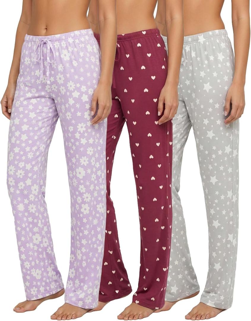 Real Essentials 3 Pack: Womens Ultra-Soft Comfy Pajama Lounge Pants Sleepwear (Large)