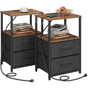 TUTOTAK End Table with Charging Station, Side Table with 2 USB Ports and Outlets, Nightstand with Cloth Drawer, Set of 2, Couch Table, Brown and Black TB01BB052K