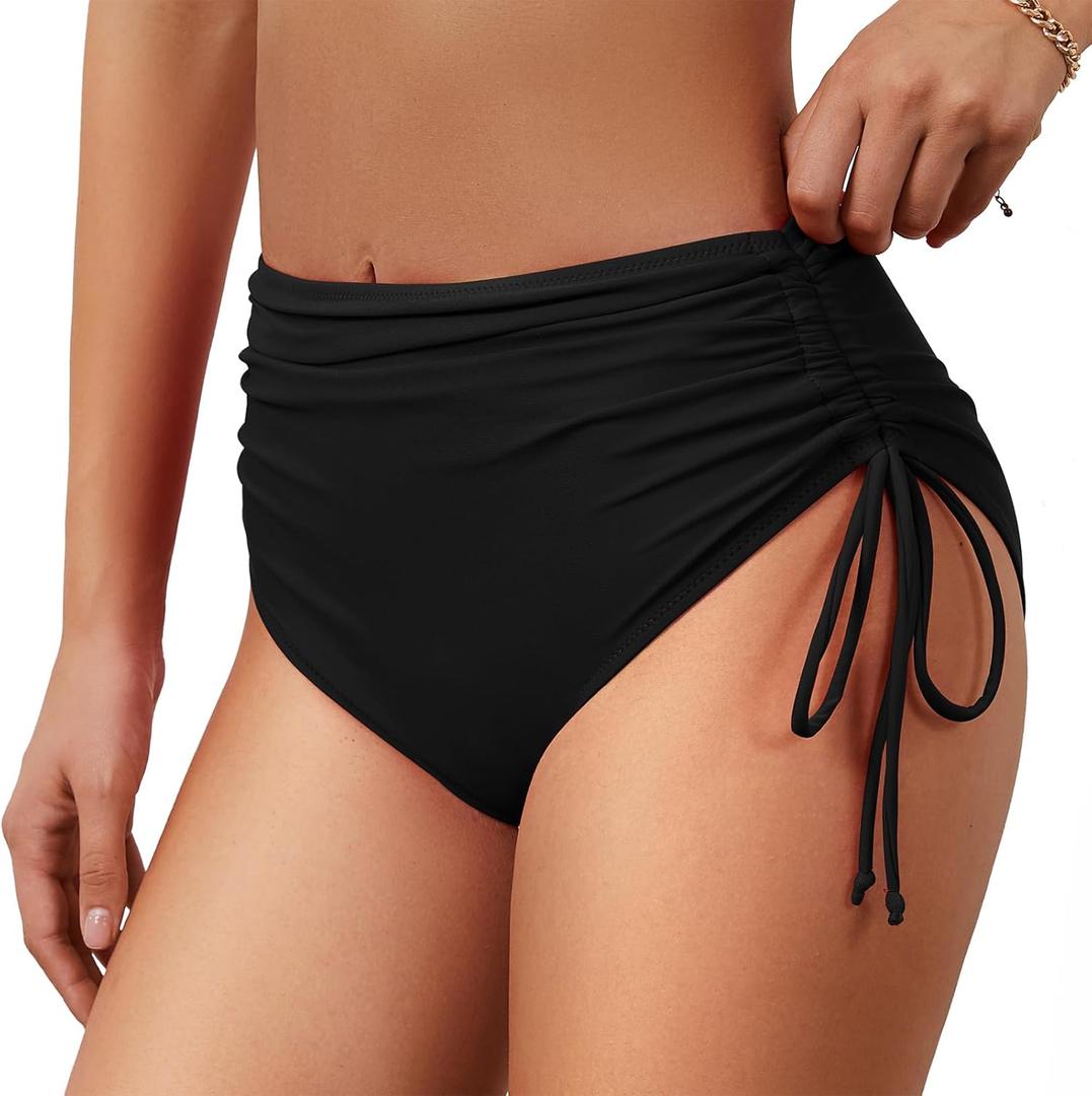 American Trends High Waisted Bikini Bottoms for Women Tummy Control Swimsuits Bottoms Full Coverage Bathing Suit Bottom (Large, Black)