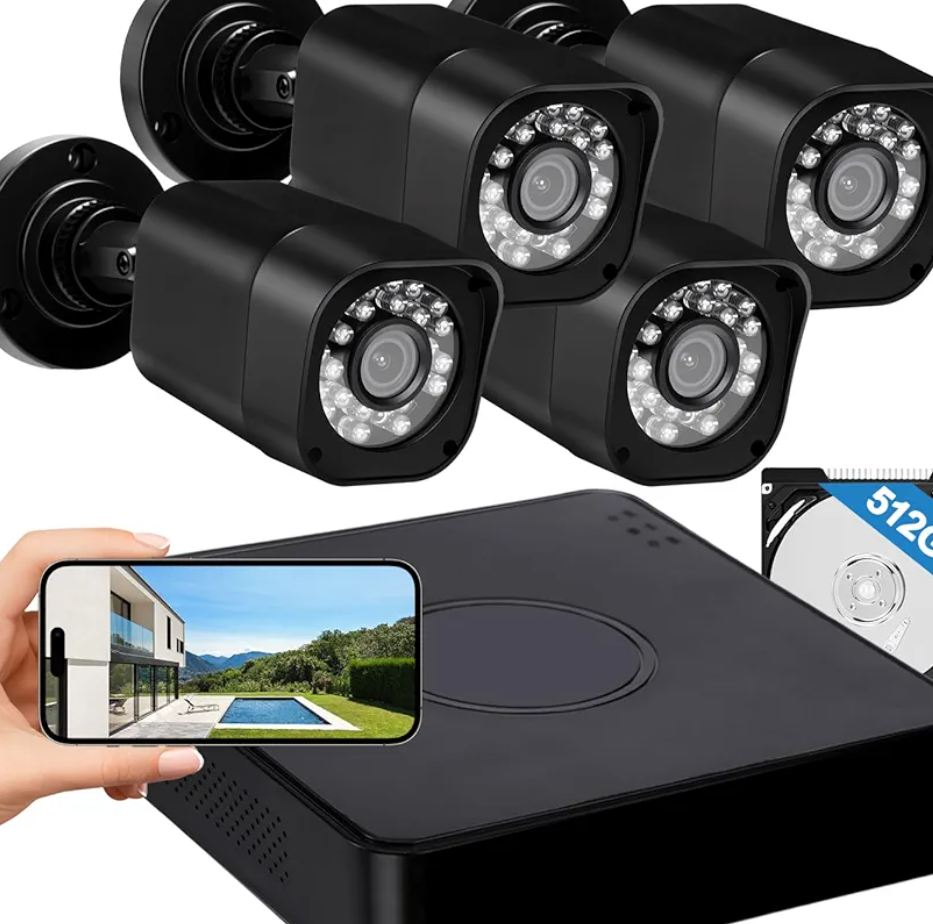 4CH 1080P Wired Security Camera System, AIWIXEN CCTV DVR with 512GB Hard Drive, 4 x Home Surveillance IP68 Waterproof Security Cameras with Human Vehicle Detection, Remote Access, 24-7 Recording