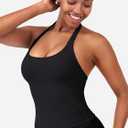 HIGORUN Halter Impact Tank Tops for Women Y2K Workout Longline Crop Tops with Built in Bras Open Back Going Out Gym Top (Black, S)