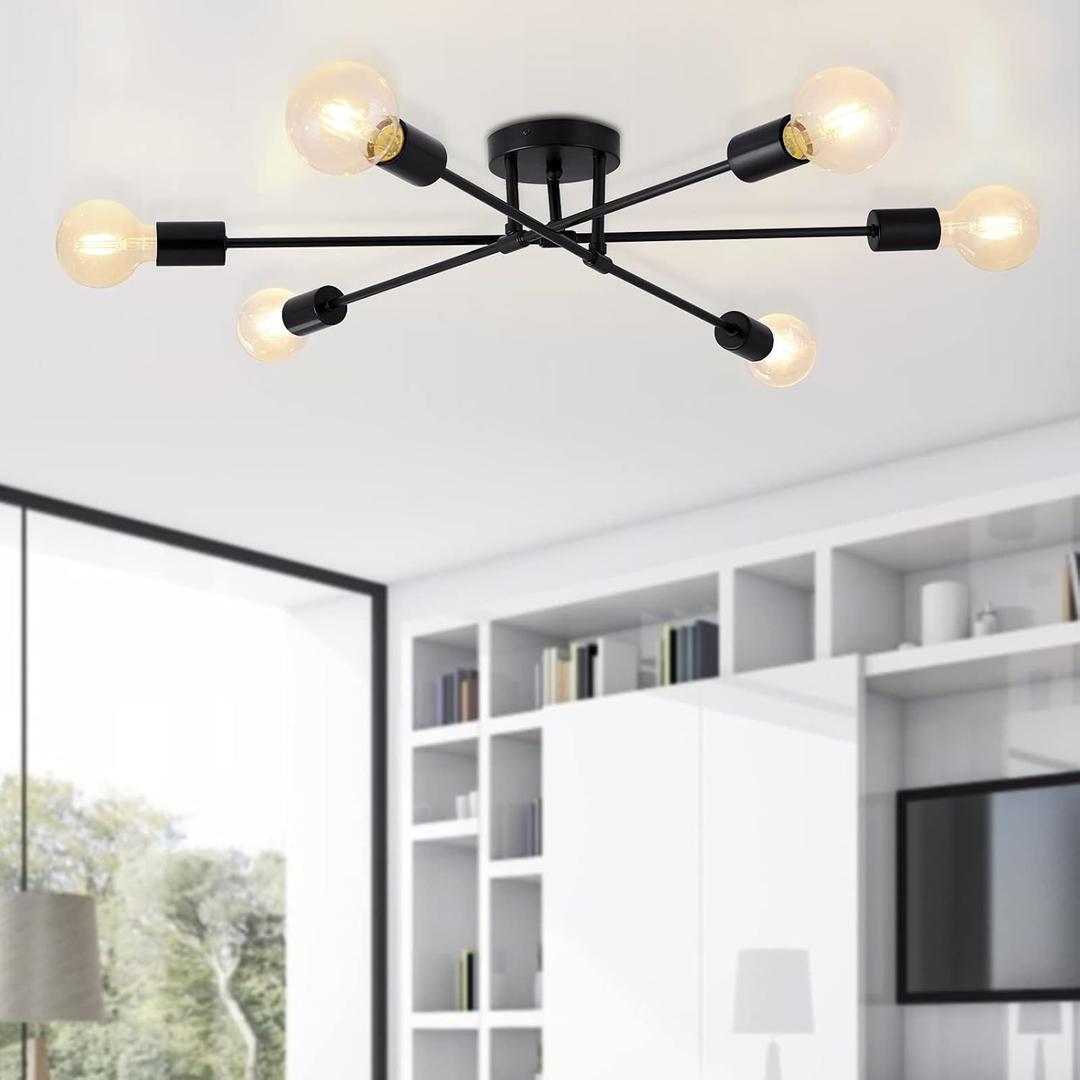 6-Light Sputnik Chandeliers, Black Modern Semi Flush Mount Ceiling Light with E26 Base, Mid Century Industrial Vintage Kitchen Farmhouse Light Fixtures for Dining Room Bedroom Living Room