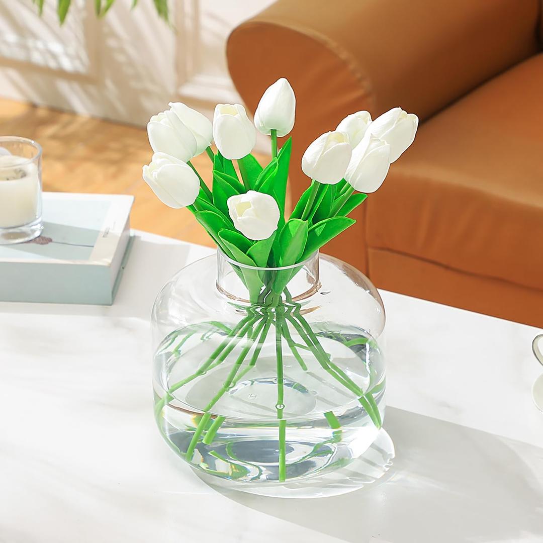 Round Glass Vase, Clear Glass Vase, Wide Flower Vase, Large Glass Vase for Flowers, 8 Inch Glass Flower Vase for Living Room, Dining Table, Wedding, Bookshelf, Office Decor