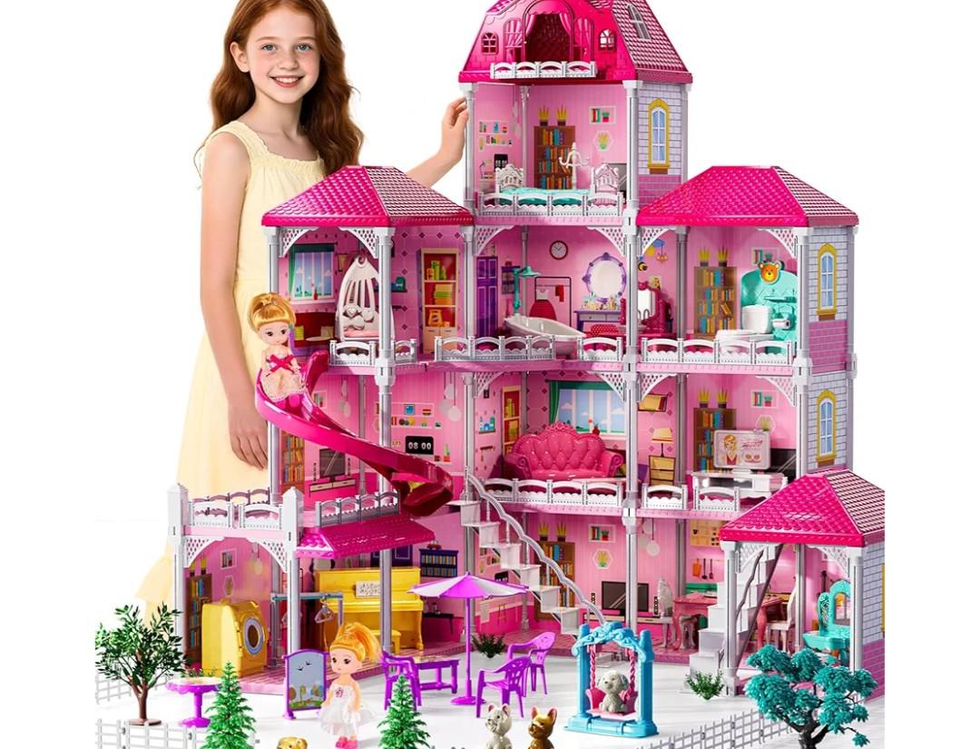 Villa Playset for Girls Ages 3-7, 4-Story 12 Room House with 2 Dolls, Furniture and Accessories, Indoor Playset Girls Toys for Ages 6-8, Pretend Toddler Toy, Birthday Gifts for Kids 4-8
