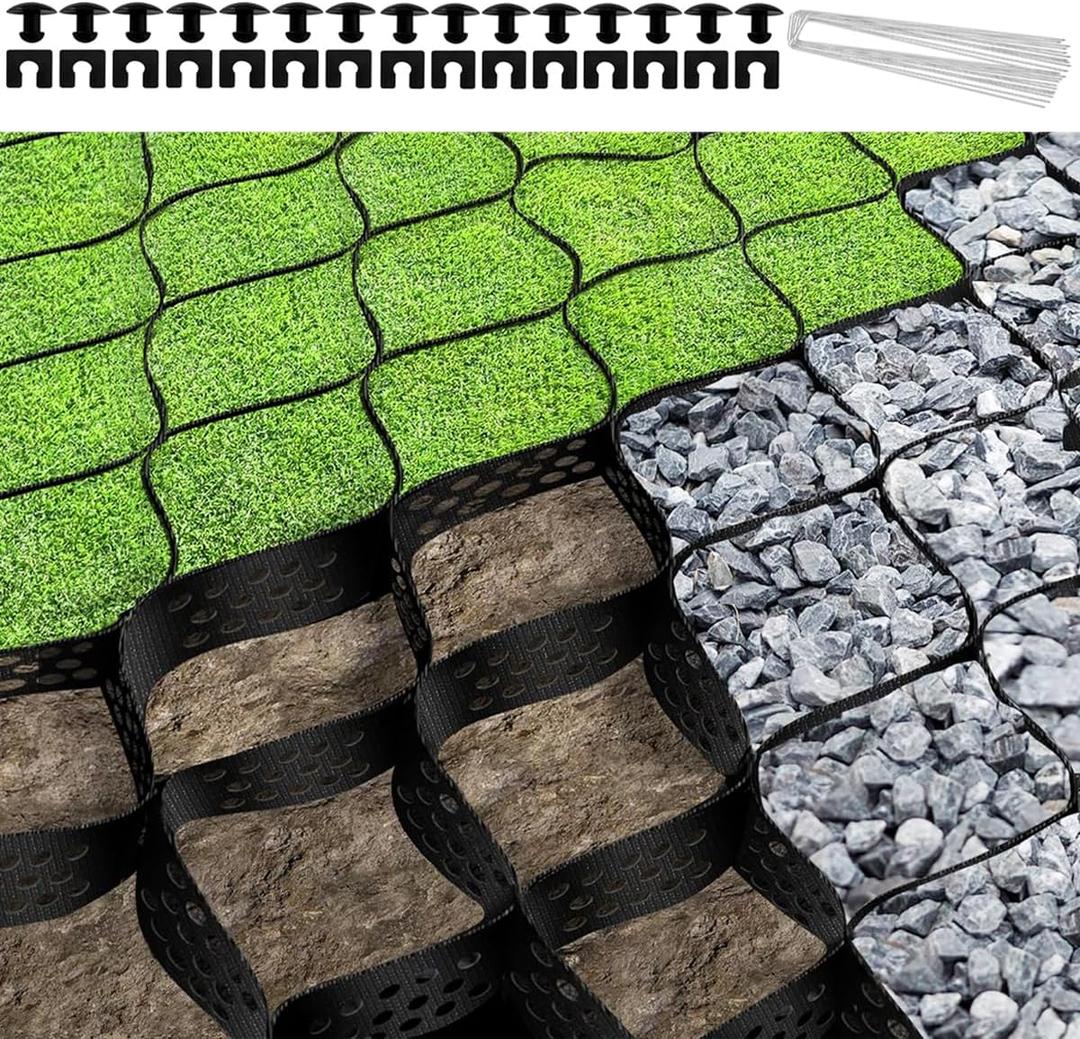 2" Depth Ground Grid 17FTx9FT Gravel Stabilizer Grid,Geo Grid Permeable Pavers Base,Geocell Geogrid for Retaining Wall,Slopes,Grass,Walkway,Shed Base,Driveway,Patio,1885 lbs per sq ft Load (Black - 9 x 17 FT)