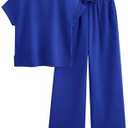 PRETTYGARDEN 2 Piece Outfits For Women Casual Tracksuit Short Sleeve Tops And Wide Leg Long Pants Matching Lounge Sets, M, Blue 