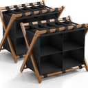 Bamboo Luggage Rack 2 Pack with 4 Storage Compartments, Foldable Suitcase Stand for Guest Room, 150lbs Capacity, Sturdy, Space-Saving and Easy to Assemble Organizer, Walnut 2 Pcs