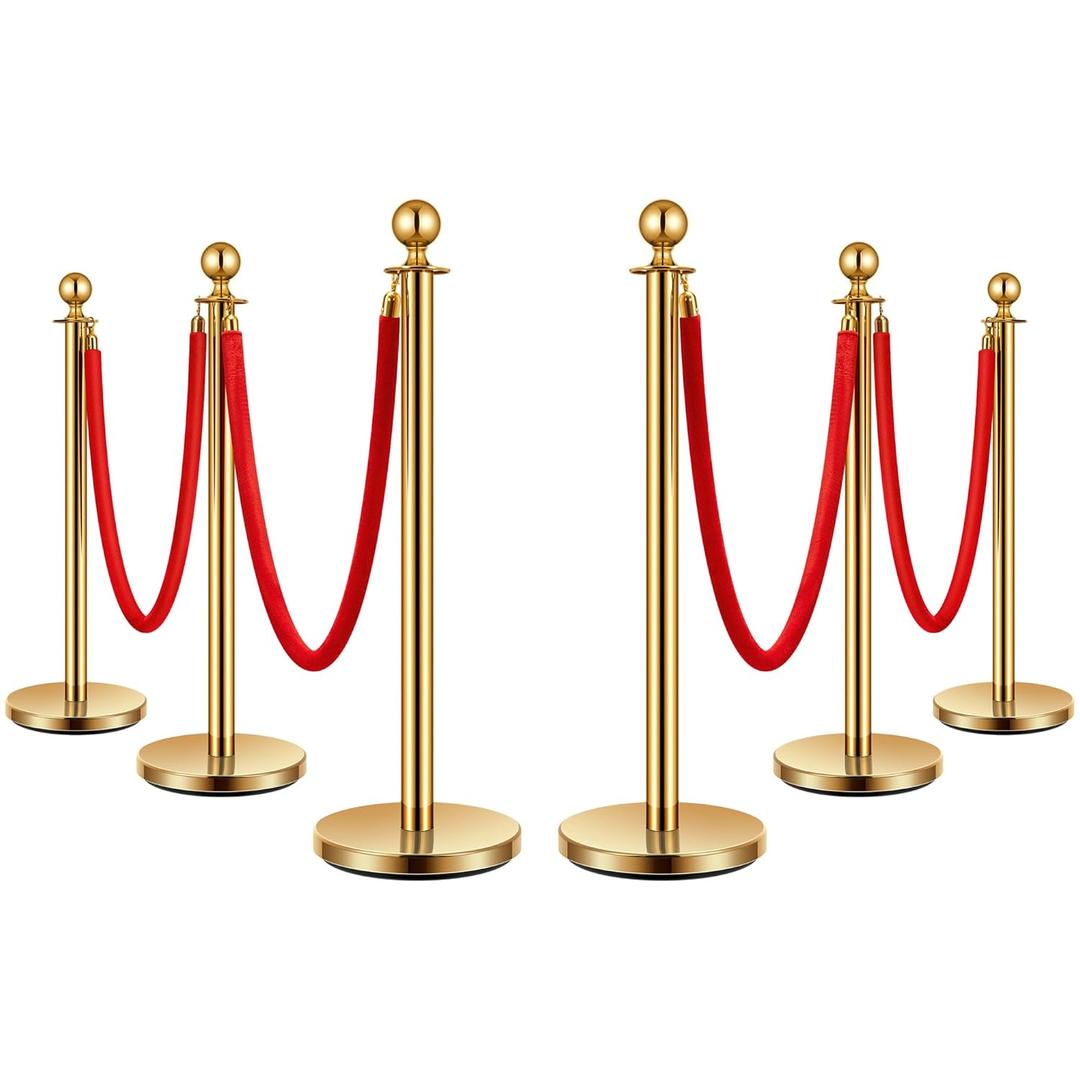 VIVOHOME Stainless Steel Stanchion Post Queue 6PCS Pole w/ 4 Red Velvet Ropes, Crowd Control Barriers w/Fillable Base for High-end Venues, Museums, Party Supplies (6 Pieces, Golden) (37.4"(H)x5 Ft(L))