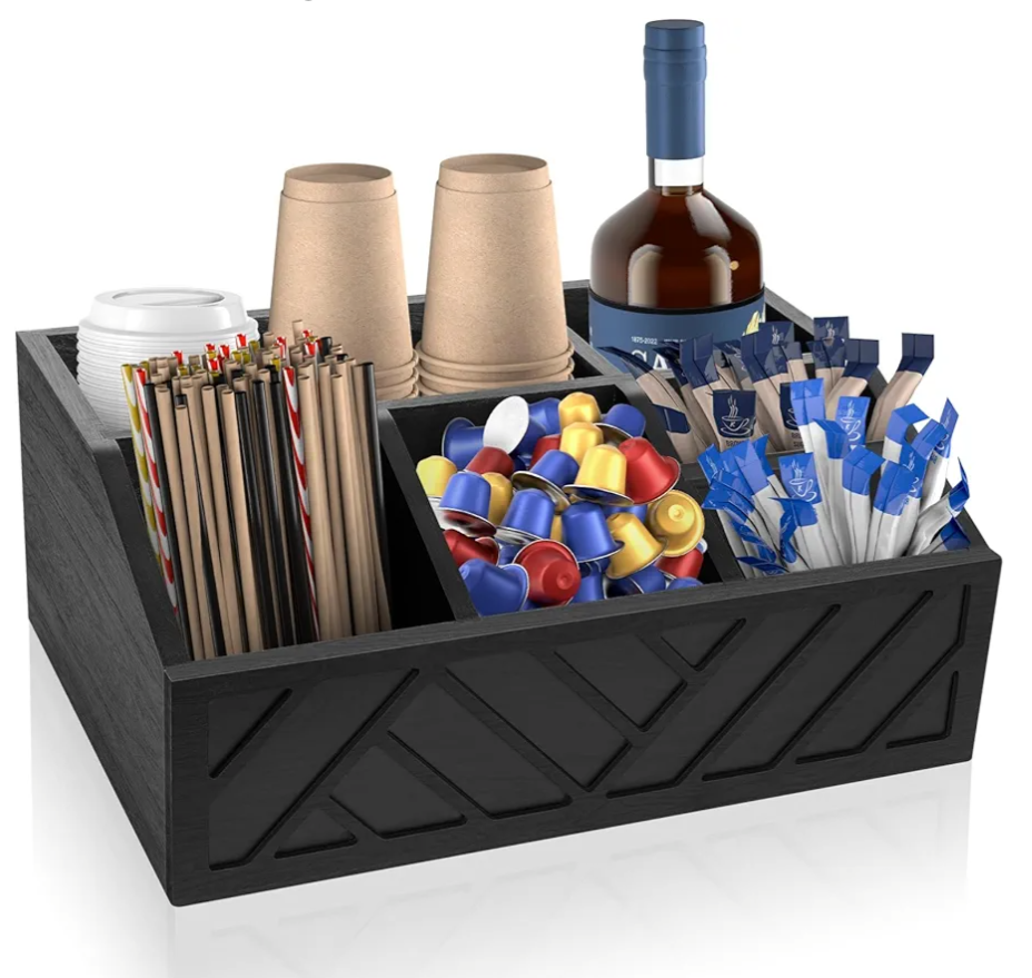 Moderock CoffeePod Holder Coffee Bar Condiment Storage Wooden Coffee Bar Accessories Holder for Countertop, CoffeePod & Syrup Organizer, Farmhouse CoffeeStation Organizer (Black).