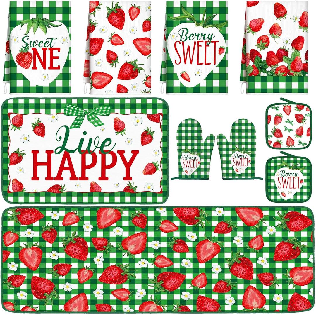 Fourluoo 10 Pcs Strawberry Kitchen Decor Set Dish Towels Rugs Oven Mitts and Pot Holders for Cooking Baking Grilling Women Mom Gift