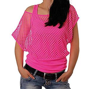 Smile Fish Women Casual Sexy 80s Costumes Fishnet Neon Off Shoulder T-Shirt (Hot Pink US 10/Tag Size L)