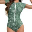 Century Star Rash Guard Swimsuit Women Short Sleeve High Neck One Piece 2026 Teen Girls Surfing Modest Swimwear Bathing Suit (Small, 02 Green Floral)
