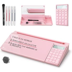 TOWON Desk Dry Erase Board with Detachable Calculator, Small Glass Desktop Whiteboard, Desktop whiteboard - Glass Dry Erase White Board- Desk Computer Buddy for Home Office Supply, Pink, 17 x 6 in