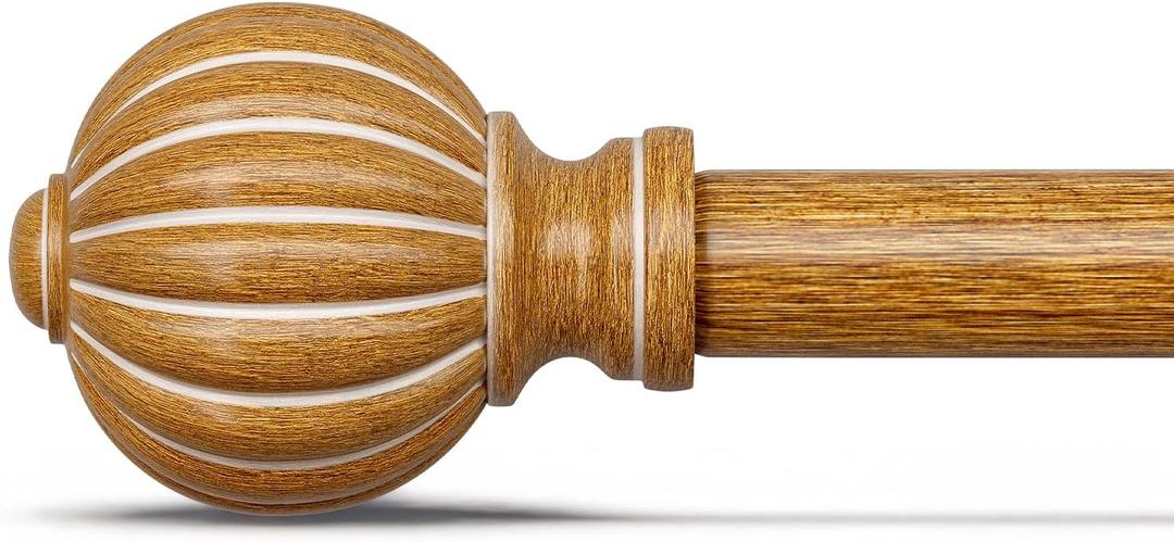 Wood Curtain Rods for Windows 28 to 48 Inch, 1'' Adjustable Heavy Duty Curtain RodVintage Imitation Wood Grain Decorative Drapery Rods with Pumpkin Finials for Bedroom Living Room