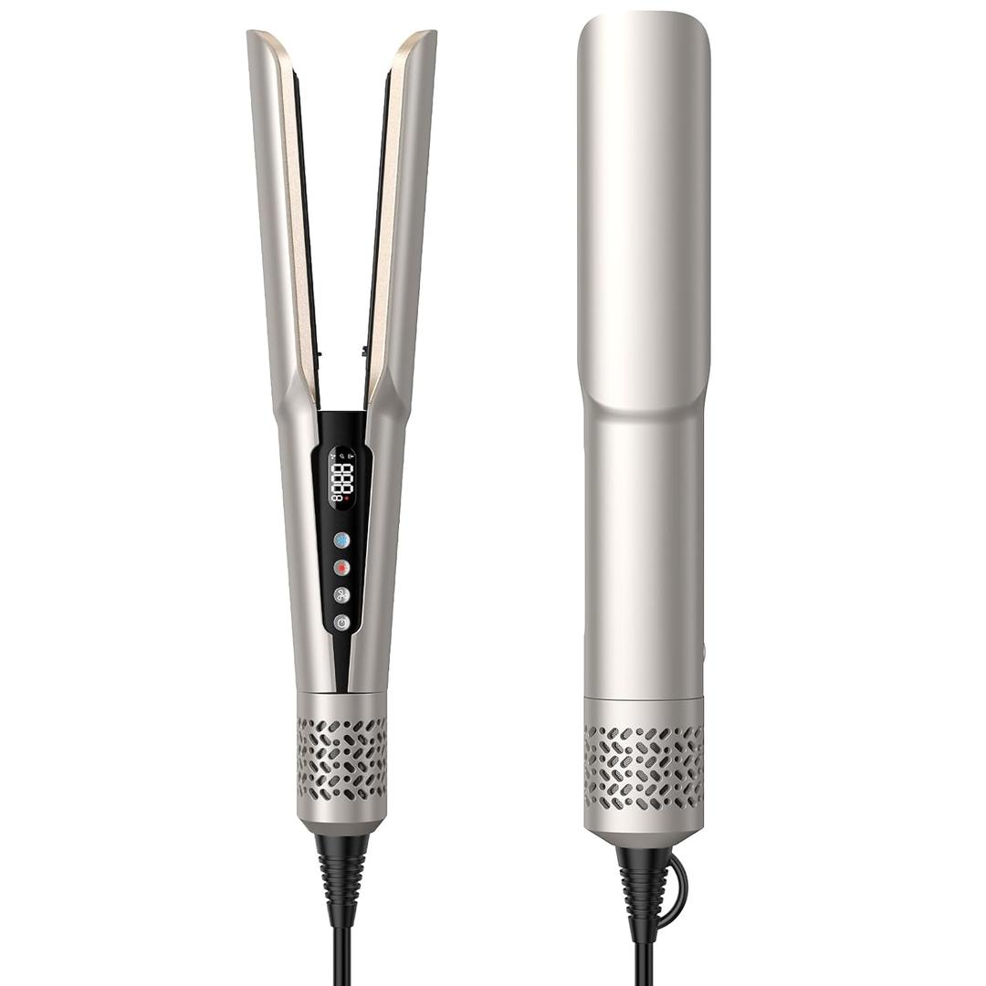 Hair Straightener - 2 in 1 Wet to Dry Hair Dryer and Straightener with High-Speed Airflow + Rapid Heat-Up + Customizable Temperature + LCD Display & Auto Shut-Off + No Heat Damage for All Hair Types (Champagne Gold)