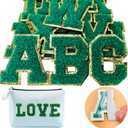 2 x Jongdari Chenille Letter Patches Self-Adhesive & Iron-On Letters, Varsity Fuzzy Patch Glitter Alphabet - 26pcs, Green