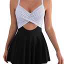 B2prity Women Cutout One Piece Skirt Swimsuit V Neck Wrap Tie Back Swimdress Tummy Control Bathing Suit(Black,Stripe)