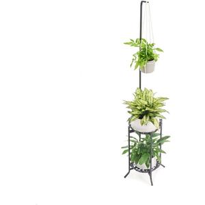 Hanging Plant Stand Indoor, 2-Tier Metal Plant Shelf with Hanging Hook | Pre-Assembled, Foldable Design | Space-Saving Indoor & Outdoor Garden Dcor for Patio, Balcony, Living Room (Black)