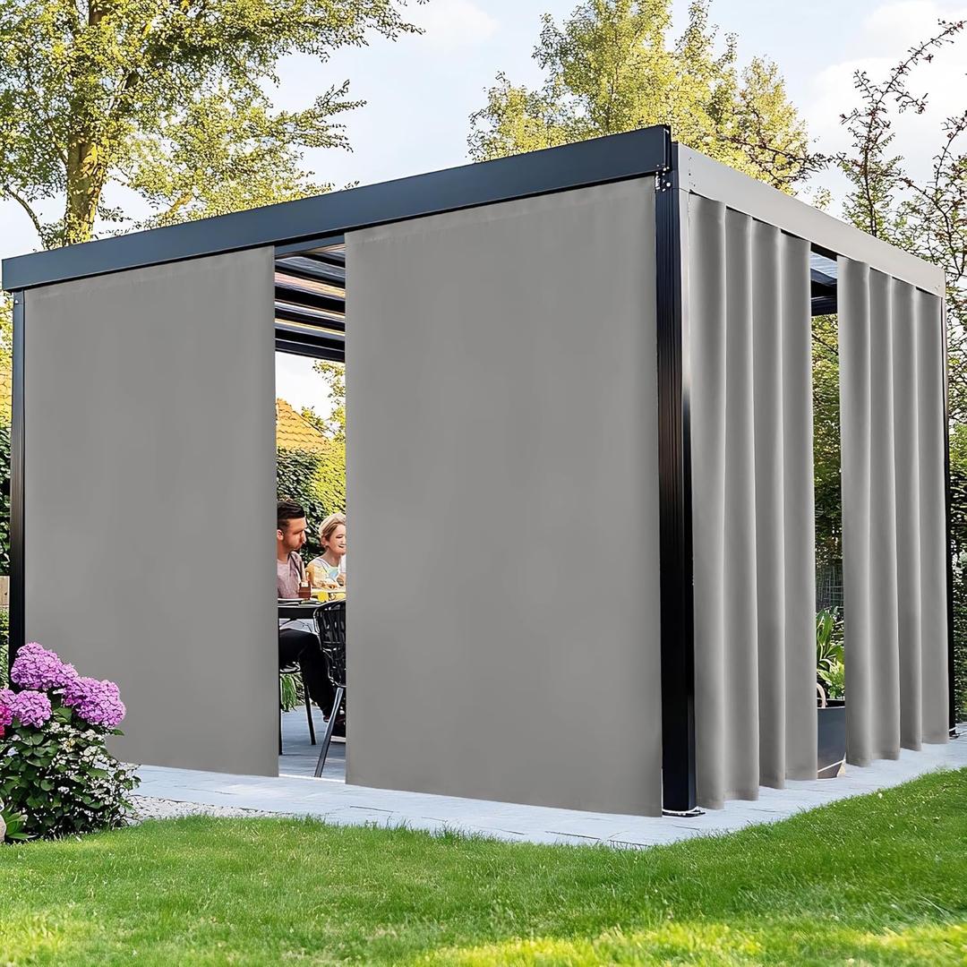 NICETOWN 2 Panels Outdoor Curtains for Patio Waterproof, Peel/Stick Top & Back Tab Bottom Drapes with Free Rope for Wind Blocking, Privacy Sun Shades for Gazebo/Deck, W66 x L90 in, Silver Gray