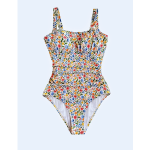 OYOANGLE Girl's Boho One Piece Swimsuit Floral Print Ruched Beach Sports Bathing Suits Modest Swimwear M