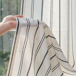 MYSKY HOME Linen Curtains Black Striped for Living Room 84 Inch Long Pack-2 | Semi Sheer for Bedroom, Light Filtering, Farmhouse Rustic Vertical Drapes, Boho Window Treatments, Back Tab, 50" x 84"
