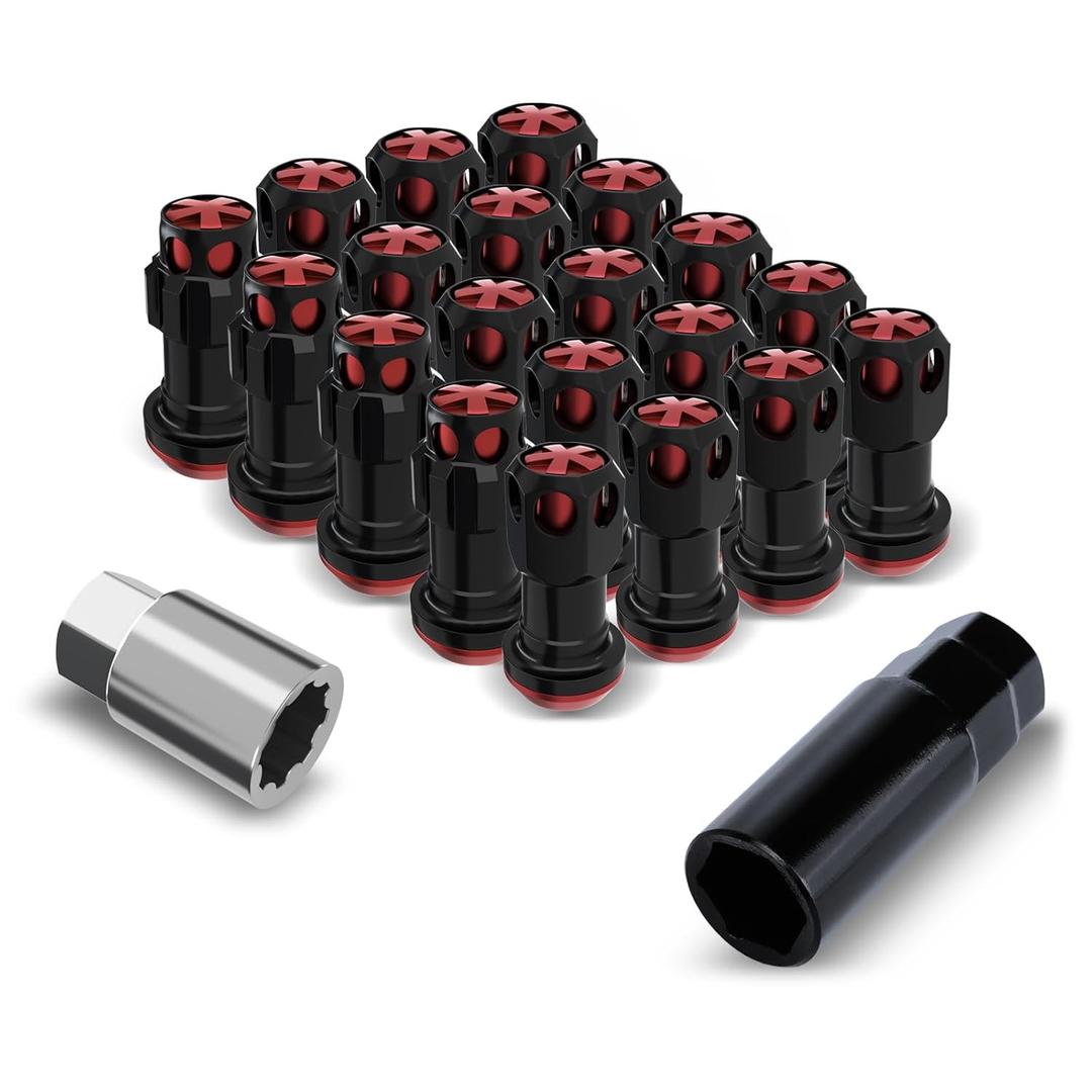 Lug Nuts Aluminum/Alloy Steel Tire Nut Lock 16 PCS Hex Nuts,4xEight Point Spline Nuts,1xHex Socket Key,1xEight Point Spline Socket Key,22mm OD/45mm H (Red Accents/Black Body, M12x1.25)