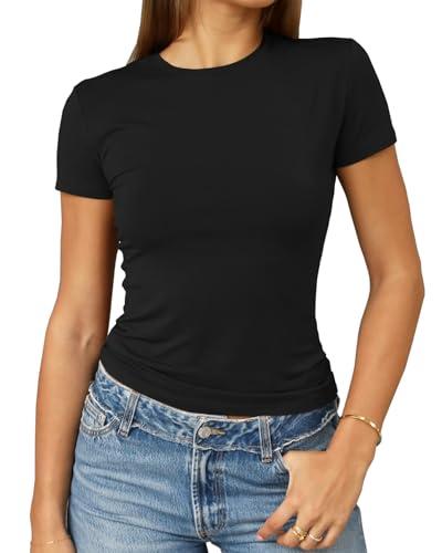 Abardsion Women's Casual Basic Going Out Crop Tops Slim Fit Short Sleeve Crew Neck Tight T Shirts 2026 (Black, L)