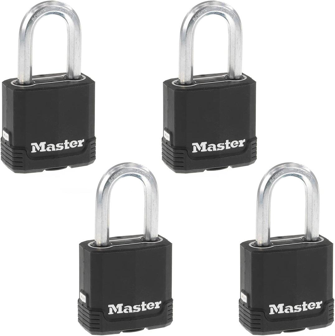 Master Lock Black Key Lock, Heavy Duty Weather Resistant Padlock with Cover, Keyed Alike Padlocks for Outdoor Use, 4 Pack, M115XQLF