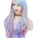 Rugelyss Rainbow Colorful Wigs for Women 26 Inches Long Wavy Fashion Synthetic Full Head Hair Wig with Bangs for Cosplay or Party