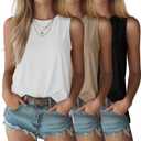 Riyiper 3 Pack Women's Sleeveless Tops Crew Neck Loose Fit Tank Tops Casual Summer Muscle Shirts Basic Solid Flowy Tees (White, L)