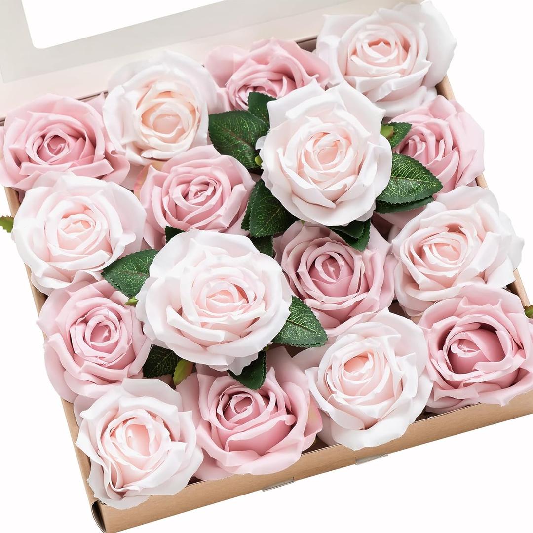 Ling's Moment Artificial Flowers 16pcs Blush Pink Silk Roses with Stems Real Look, 3.5" Fake Ombre Slate Pink Vendela Roses Bulk for DIY Wedding Bouquets Centerpieces Party Baby Shower Home Decoration