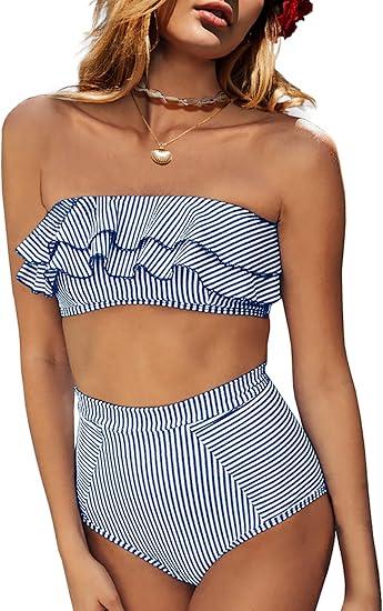Saodimallsu Women High Waisted 2 Piece Bikini Set Bandeau Ruffle Swimsuit Top Striped Bathing Suits, Blue,  Size -L