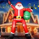 8 FT Music Christmas Inflatable with LED Lights & Music Box, Long Leg Hanging Santa Claus with Gift Bag, Music Blow Up Decoration for Roof Window Wall Yard Outdoor Xmas