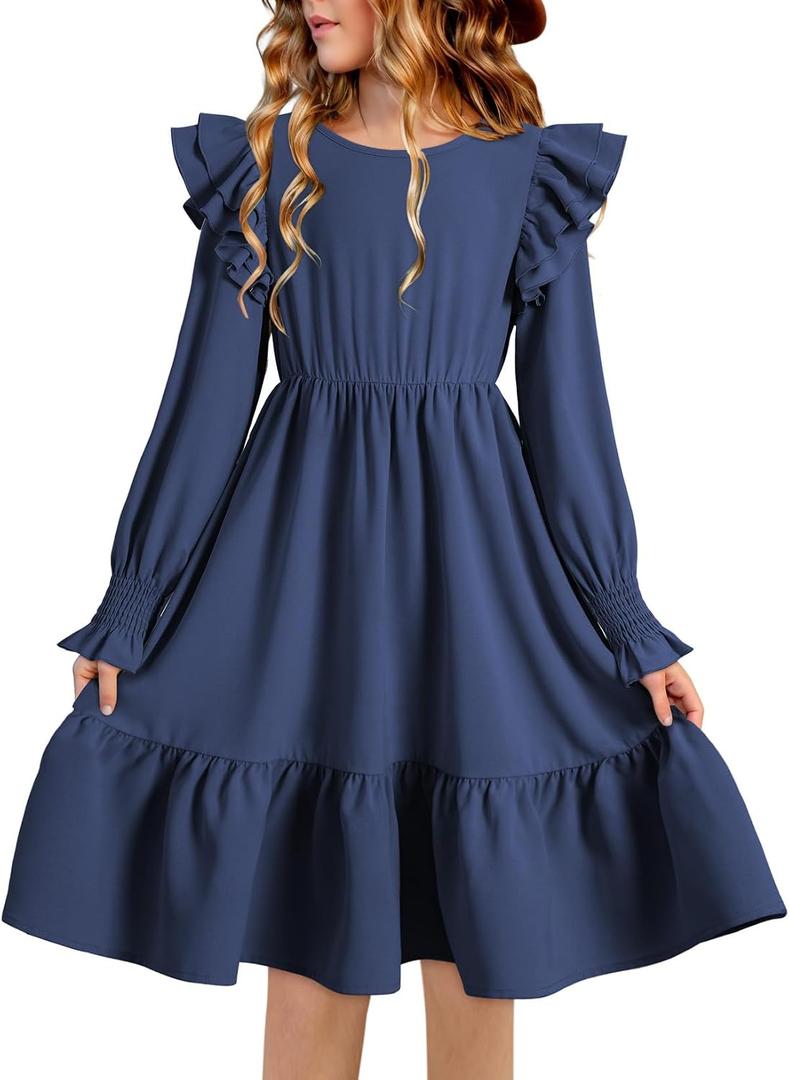 blibean Teen Girls Dress Kids Double Ruffle Long Sleeve Smocked Dresses Size 6-15 Years (Blue)