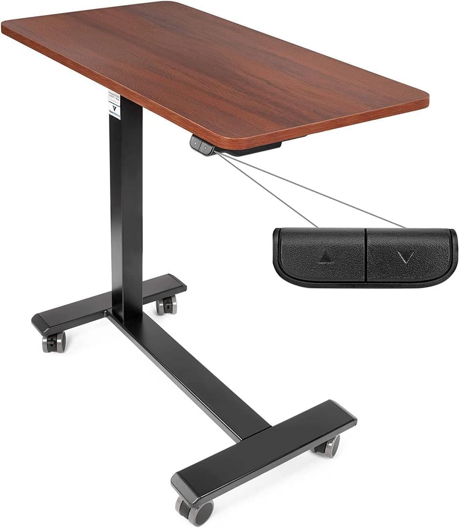 Vaunn Medical Electric Overbed Table Bedside Height Adjustable Table with Wheels (Electric-Powered, Hospital and Home Use) - Brown (Organic Modern), Standard