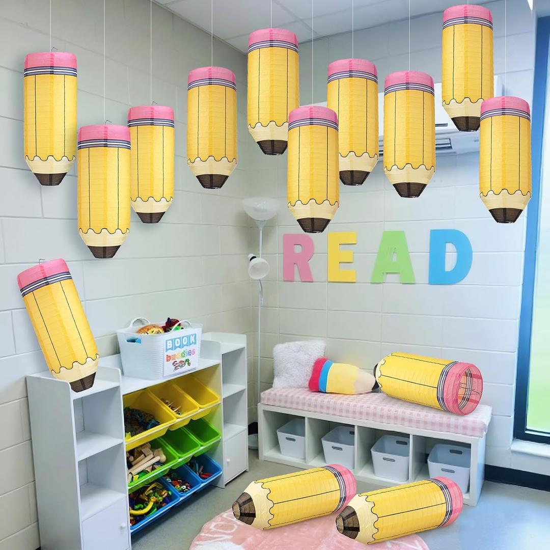 Retisee 12 Pcs Pencil Hanging Paper Lanterns Party Decorations, Kindergarten Preschool Classroom Decor Back to School Art Ceiling, First Day of School Birthday Supplies (15 Inch)