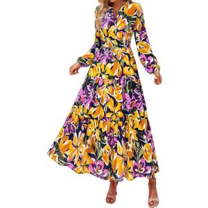 PRETTYGARDEN Womens 2026 Fall Fashion Clothing Boho Maxi Dresses Floral Long Sleeve Flowy Elegant Wedding Guest Holiday Dress (S)