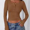 PRETTYGARDEN Women's 2025 Summer Long Sleeve Henley T Shirts Ribbed Knit Button Slim Fitted Basic Casual Going Out Fall Tops (XX-Large, Brown)