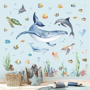 decalmile Watercolor Under The Sea Whale Wall Stickers Ocean Fish Sea Turtle Seaweed Underwater Wall Decals Bathroom Baby Nursery Bedroom Wall Decor