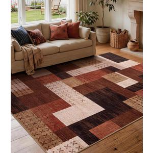 Brown Modern 5x7 Area Rugs for Living Room, Washable Geometric Patchwork Rug for Bedroom Playroom Non Slip Low Pile, Southwestern Rustic Throw Carpet for Entryway Home Office