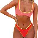 SherryDC Women's Sexy Scoop Neck Bikini Sets Color Block High Cut Thong Brazilian Two Pieces Swimsuit Bathing Suit (Medium, 179-watermelon Red)