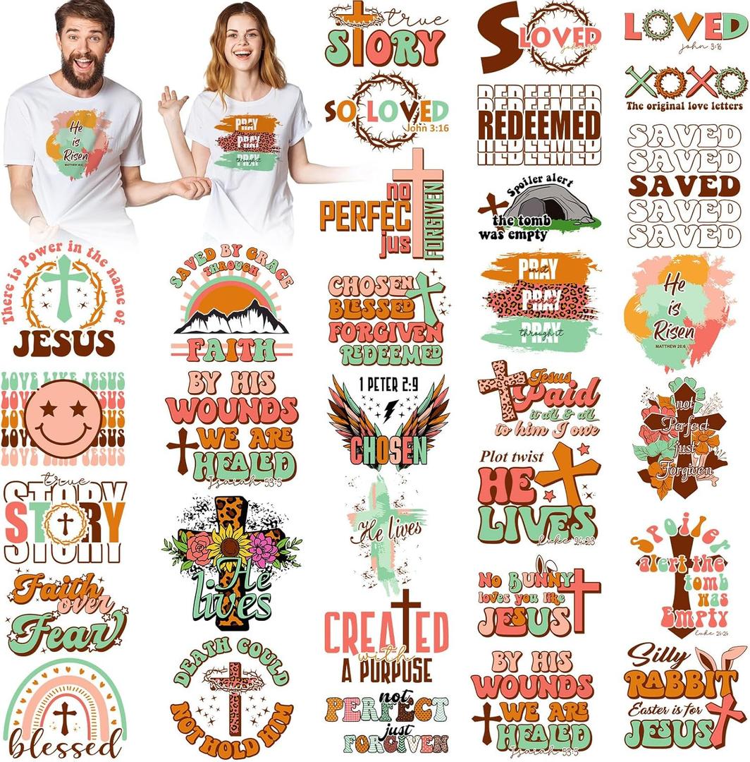 Estune 30 Pcs Easter Iron on Transfers He is Risen Iron on Decals Patches Christian Religious Cross Heat Transfers Vinyl Easter Heat Decals for Clothes Bag Covers DIY Decorations