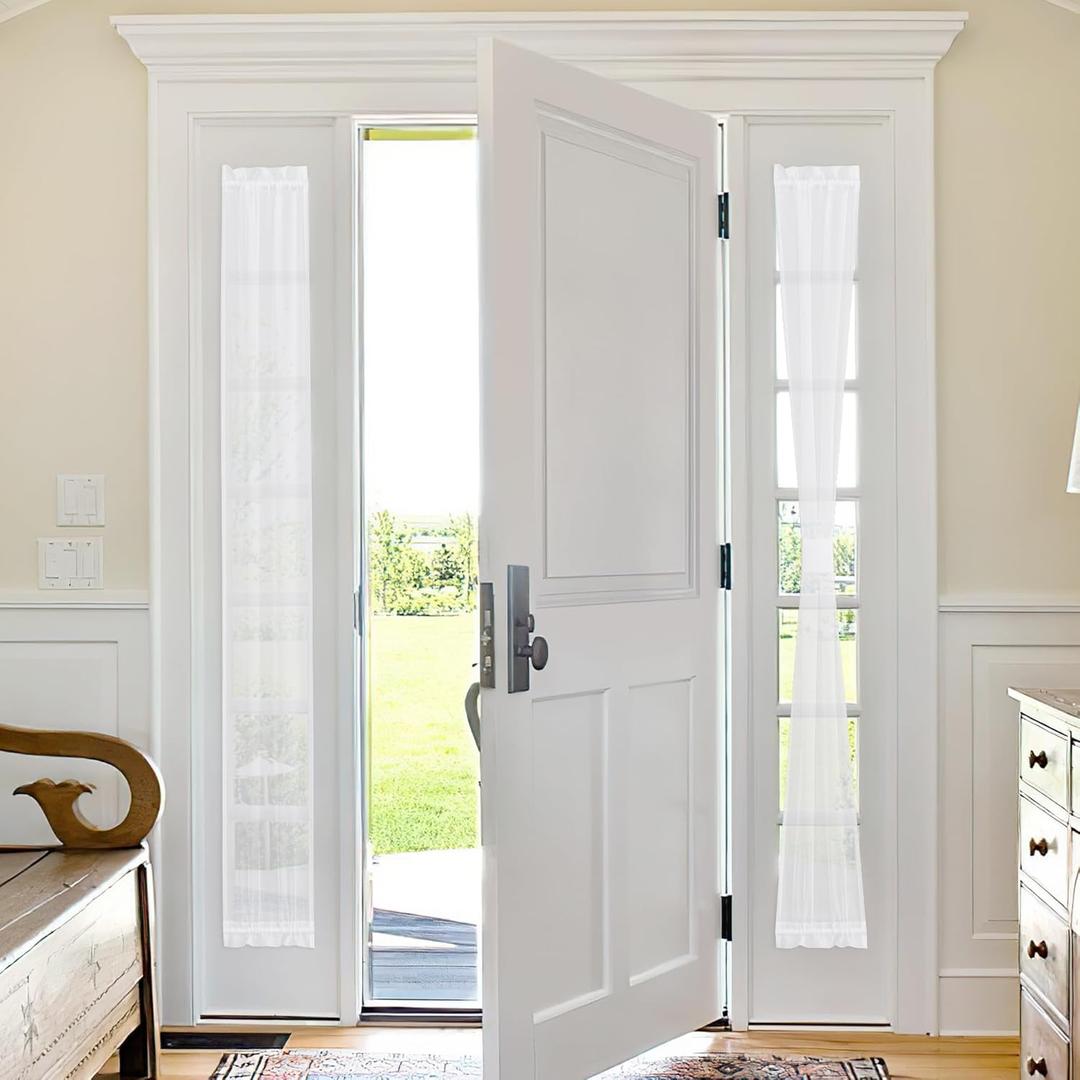 NICETOWN 2 Panels Sidelight French Door Sheer Curtains for Kitchen Front Narrow Glass Door, 12 x 72 Inches with Tieback Semi Sheer Small Window Covering for Living Room, White