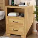 Nightstand with Charging Station, End Table with 2 Drawers, Wood Rustic Sofa Side Table with Open Storage Shelf, for Bedroom, Living Room, Natural Oak (1pcs)